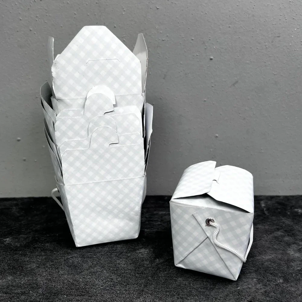 Lot 6 Mini Take Out Boxes Gingham Blue White Check Carrying Handle Gift Goody